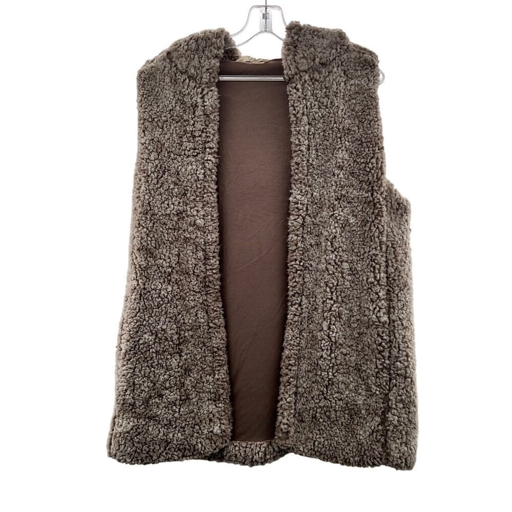 Krazy Kat Womens Hooded Vest Open Front Sherpa Faux Fur Beige Size Small